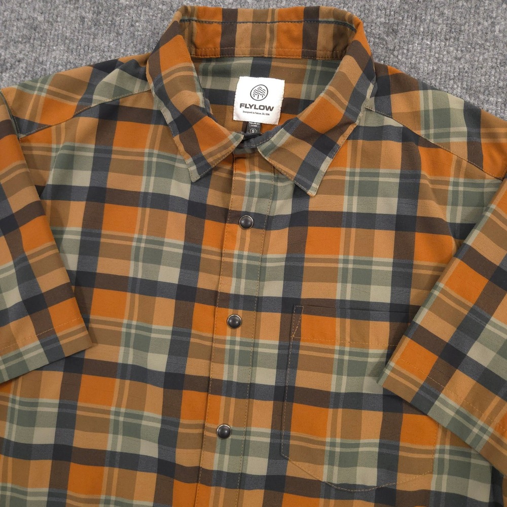 Flylow Anderson Shirt Mens Small Brown Plaid Performance Snap Front Short Sleeve